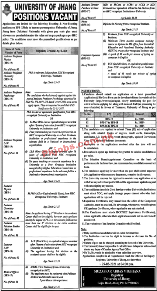 University of Jhang Faculty & Management PK Jobs 2021