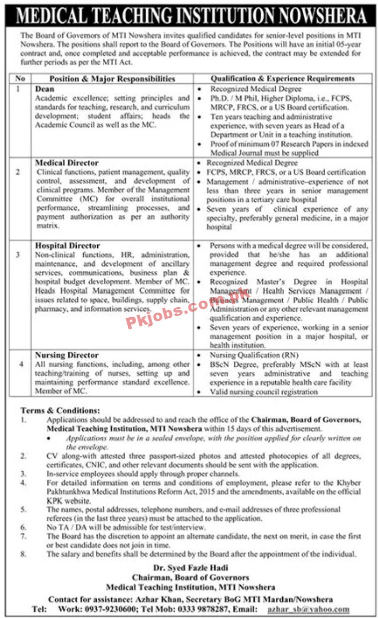 Jobs in Medical Teaching Institution MTI Nowshera