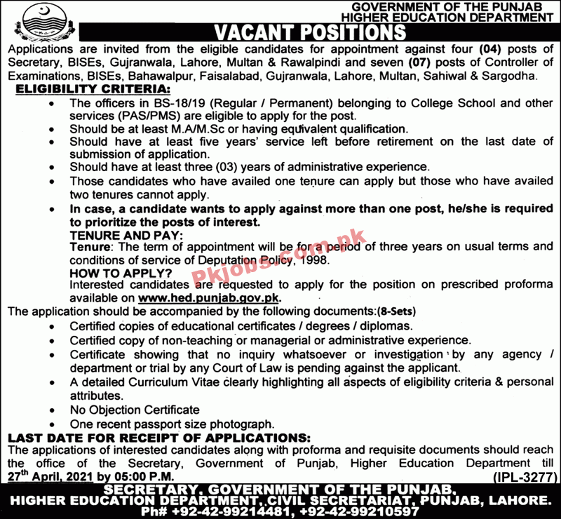 Jobs in Government of the Punjab Higher Education Department