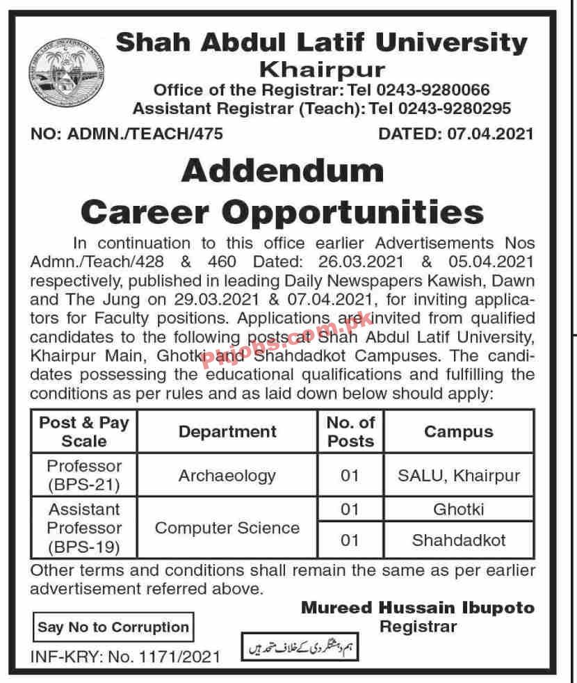 Jobs in Shah Abdul Latif University Khairpur