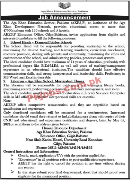 Aga Khan Education Service Pakistan (AKESP) PK Jobs 2021