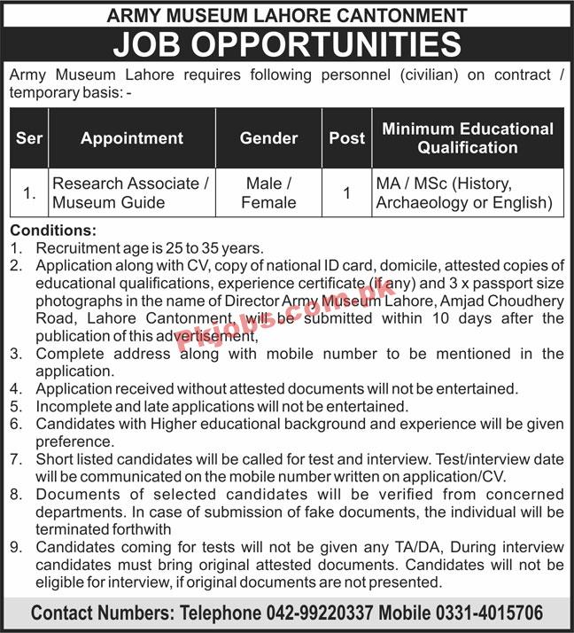 Army Museum Cantonment PK Jobs 2021