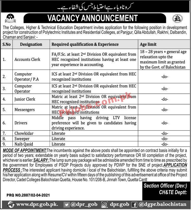 Colleges Higher & Technical Education Department PK Jobs 2021