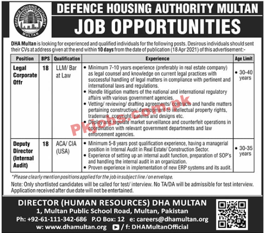 Defence Housing Authority (DHA) Management & Legal PK Jobs 2021