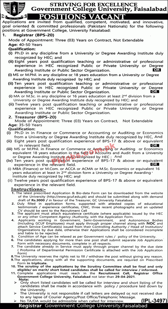 Government College (GC) University Management PK Jobs 2021