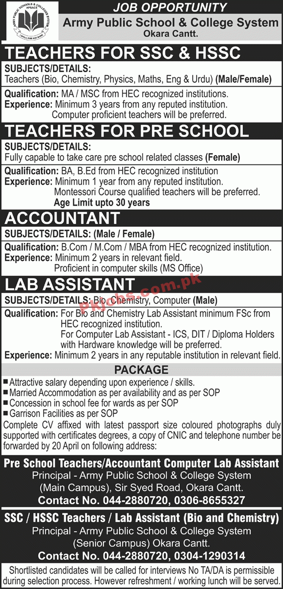 Jobs in Army Public School & College System Okara