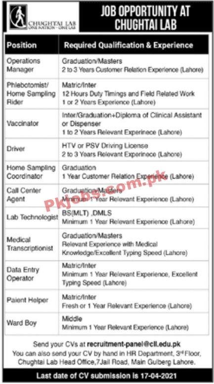 Jobs in Chughtai Lab Lahore