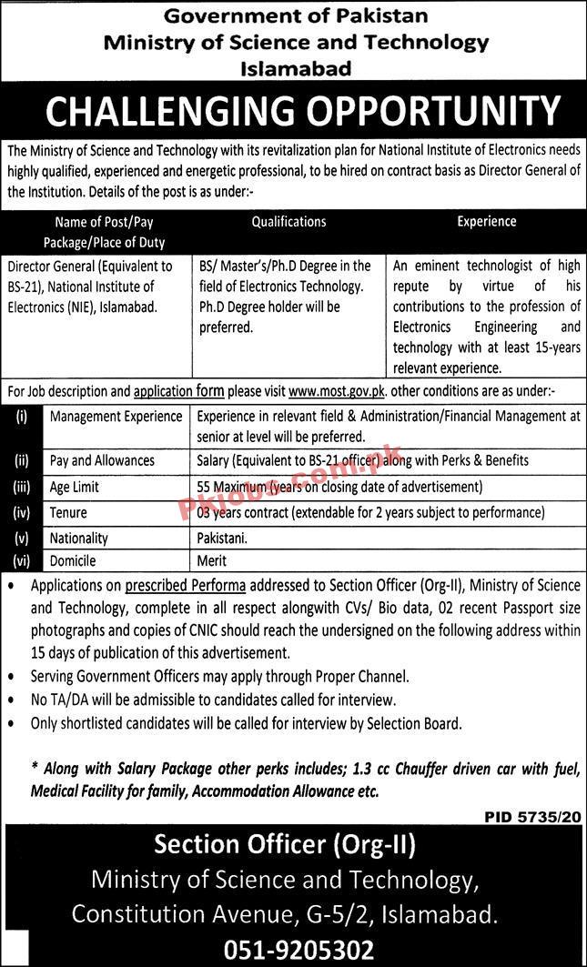 Jobs in Government of Pakistan Ministry of Science and Technology Islamabad