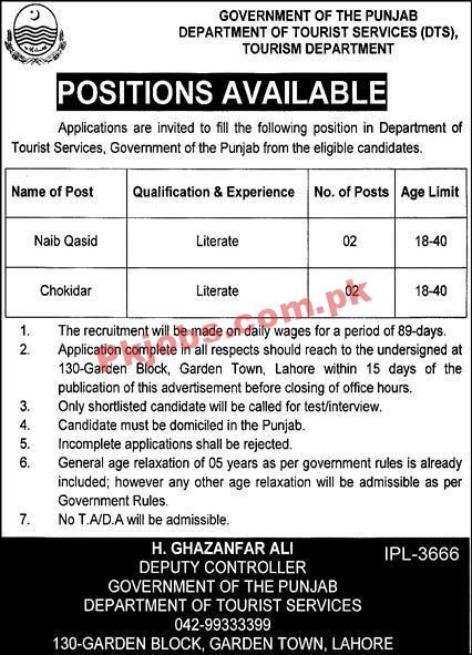 Jobs in Government of the Punjab Department of Tourist Services