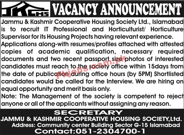 Jobs in Jammu & Kashmir Cooperative Housing Society Ltd Islamabad