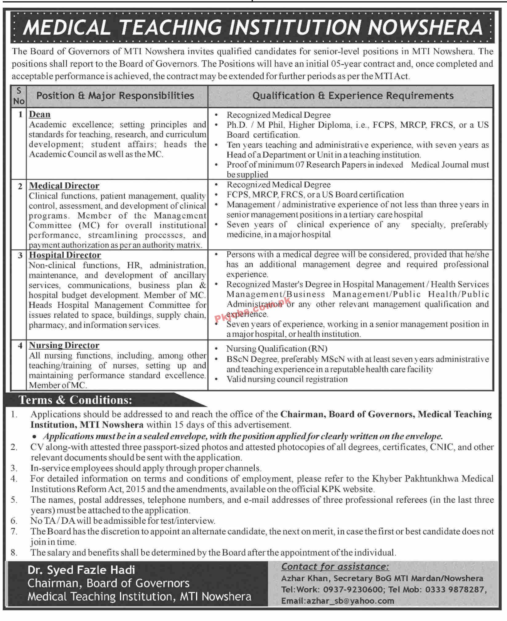 Jobs in Medical Teaching Institution MTI Nowshera