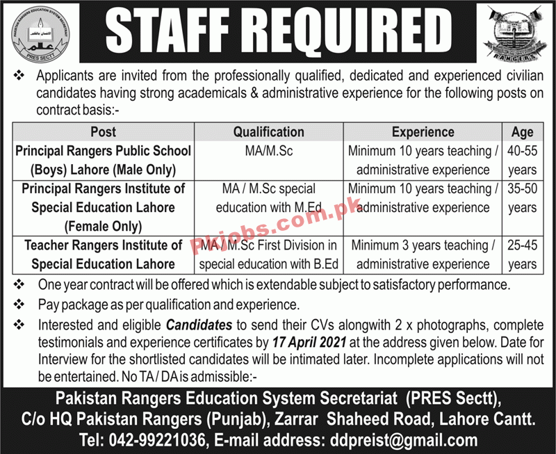 Jobs in Pakistan Rangers Education System Secretariat