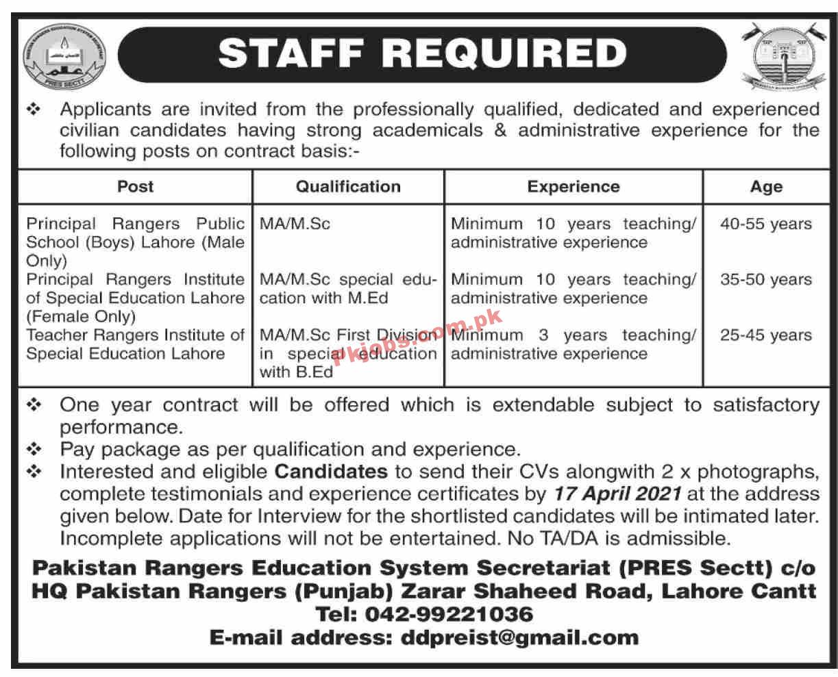 Jobs in Pakistan Rangers Education System