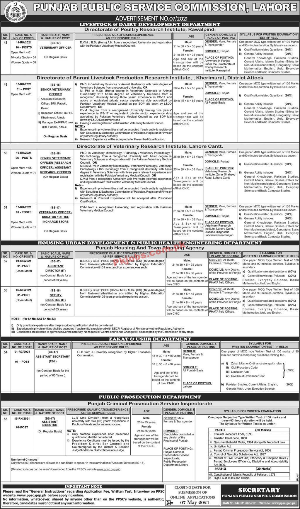 Jobs in Punjab Public Service Commission PPSC Advertisement No 07-