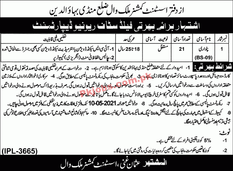 Jobs in Revenue Department Mandi Bahauddin