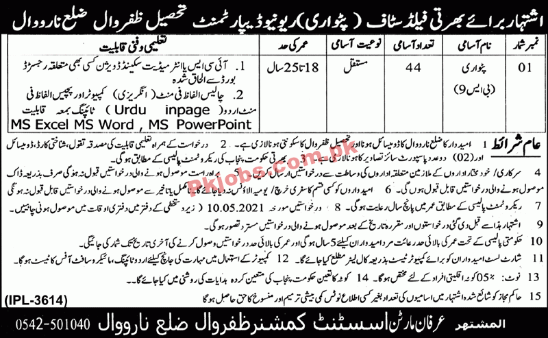 Jobs in Revenue Department Narowal