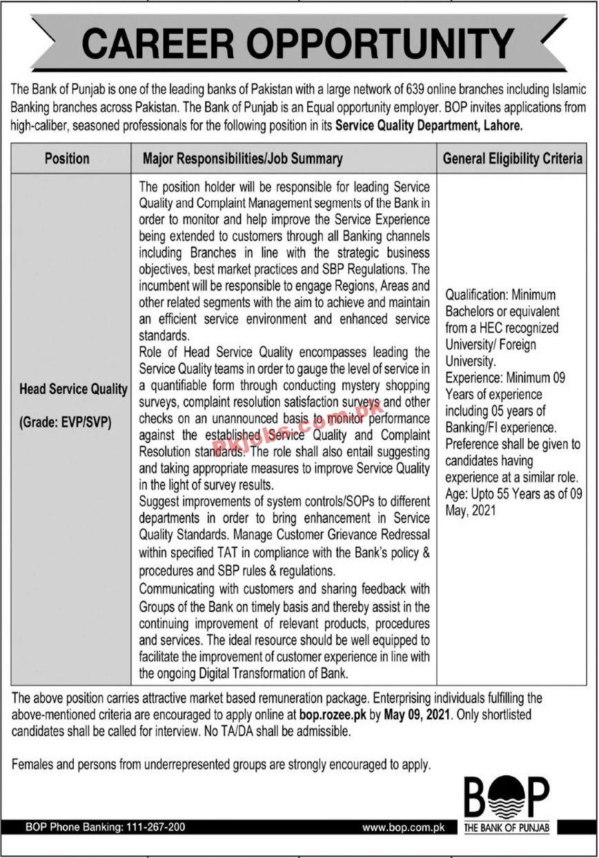 Jobs in The Bank of Punjab BOP