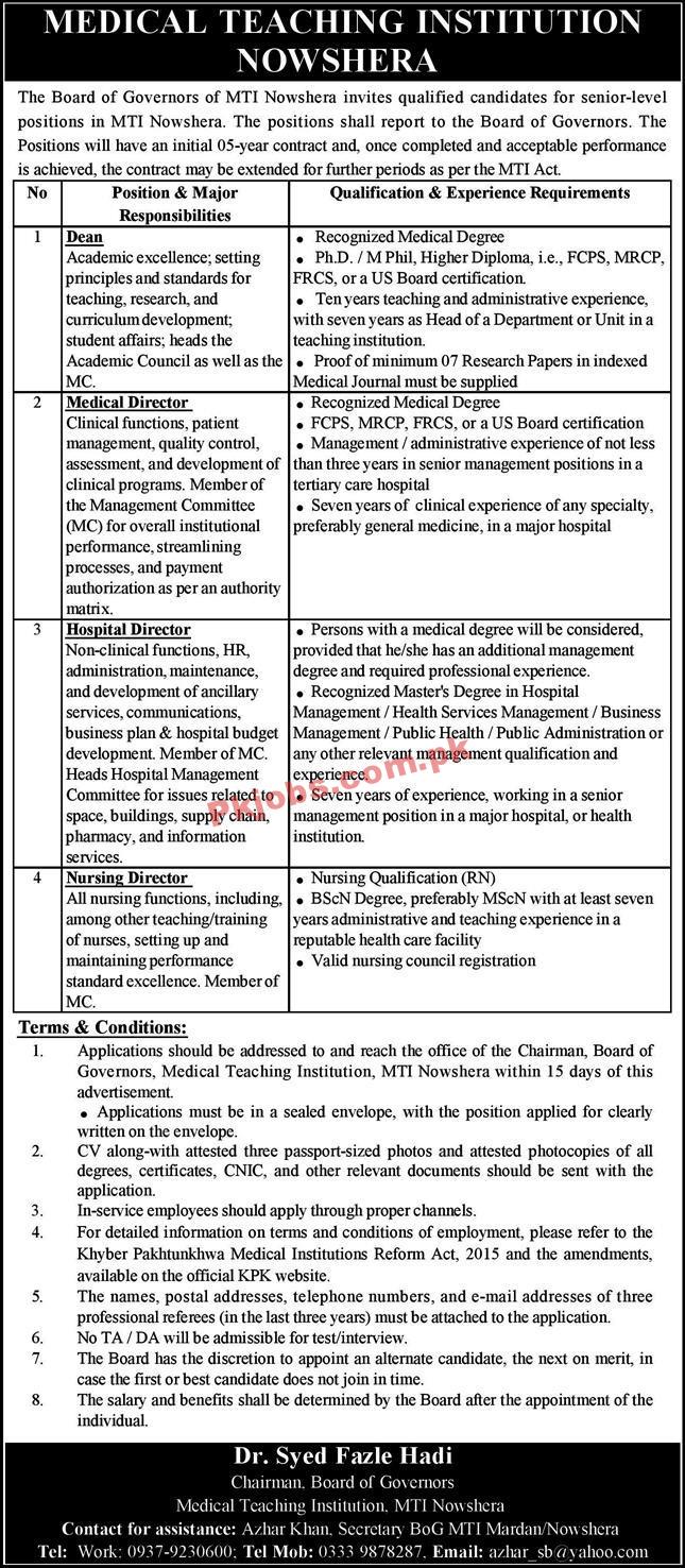 Jobs in The Board of Governors MTI Nowshera