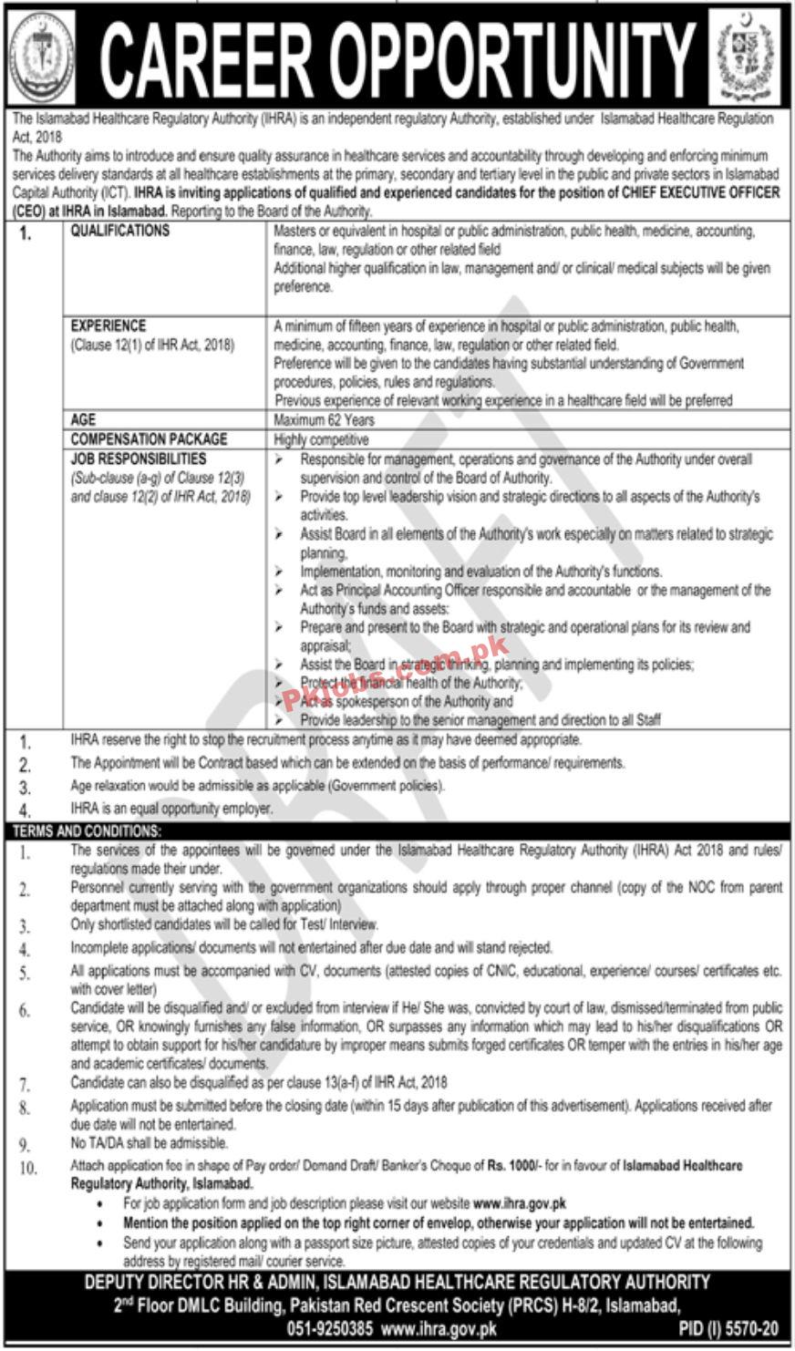 Jobs in The Islamabad Healthcare Regulatory Authority IHRA