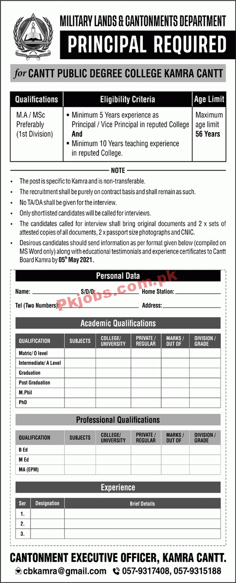 Military Lands & Cantonment Department Management PK Jobs 2021