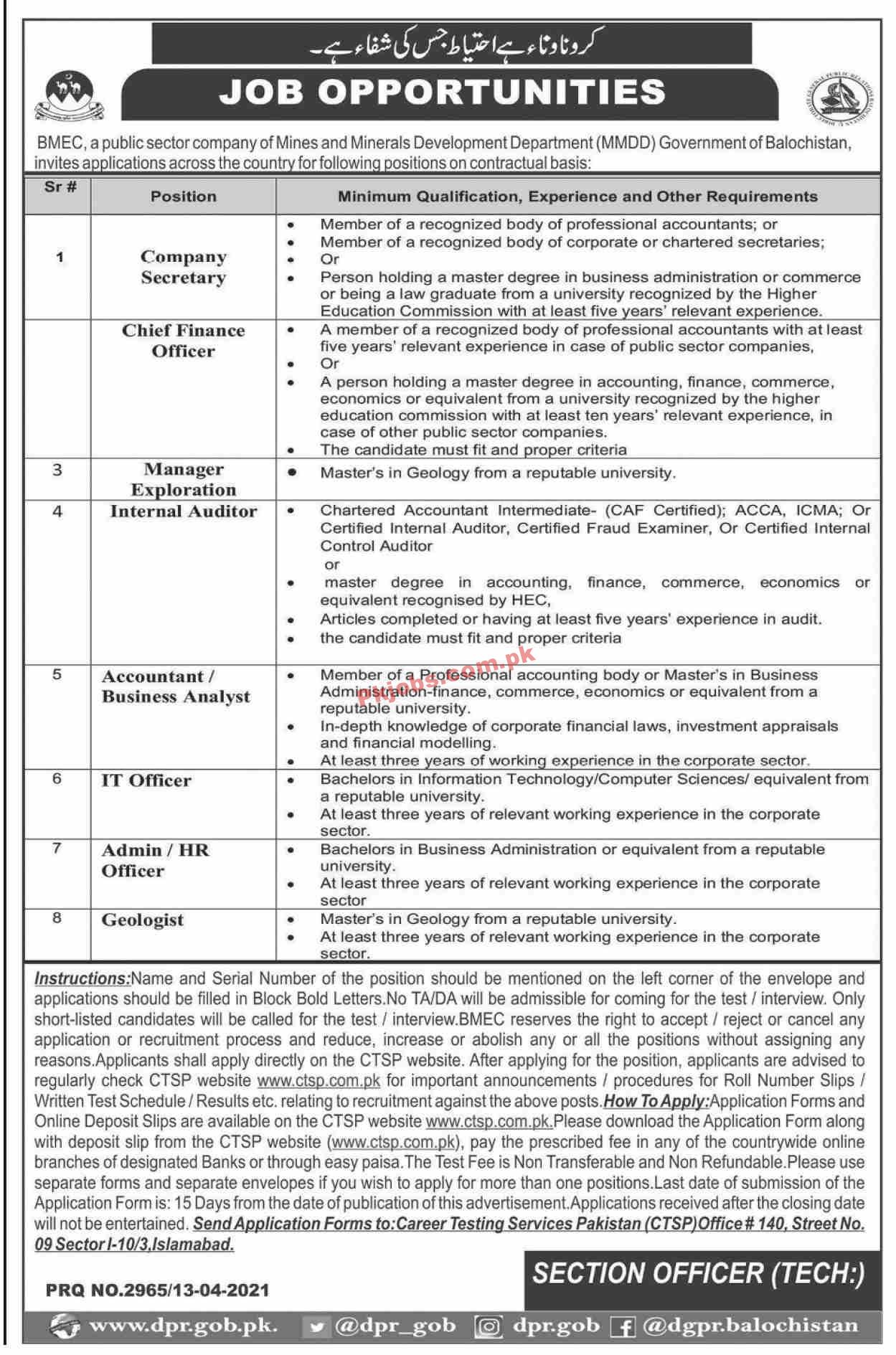 Mines & Mineral Development Department CTSP PK Jobs 2021