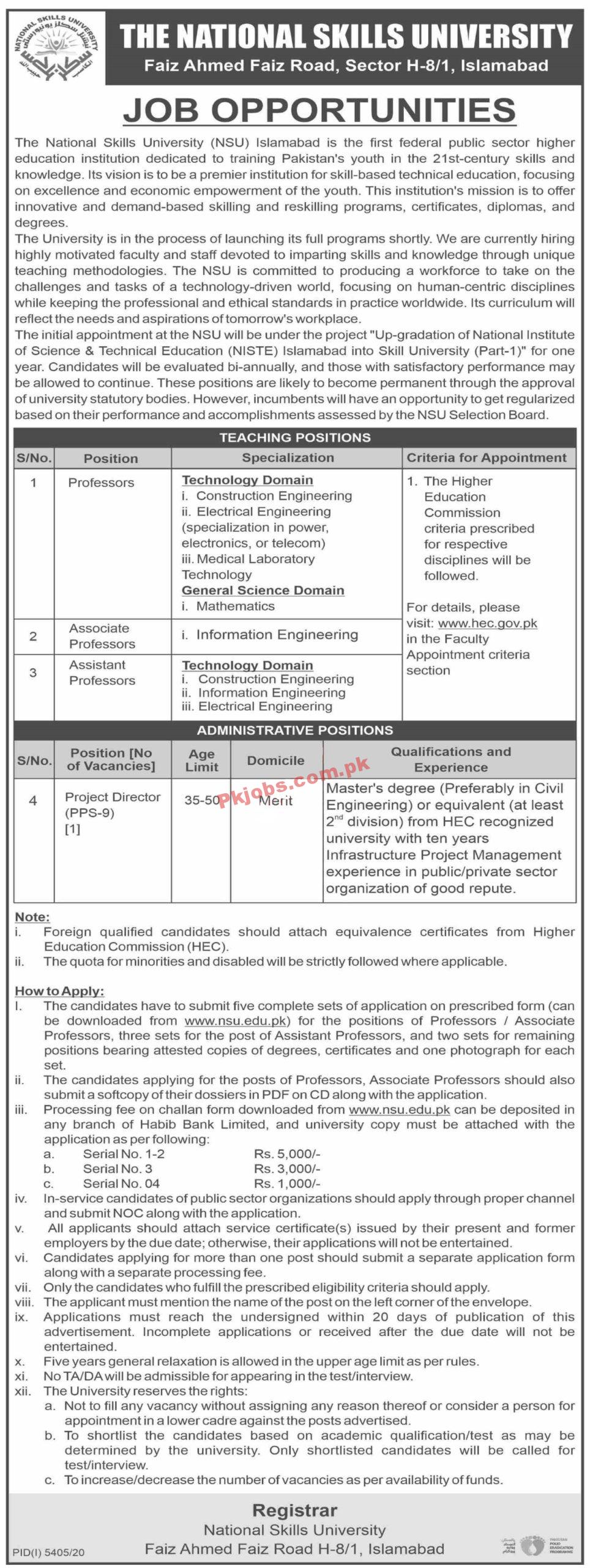 National Skill University Faculty & Management PK Jobs 2021