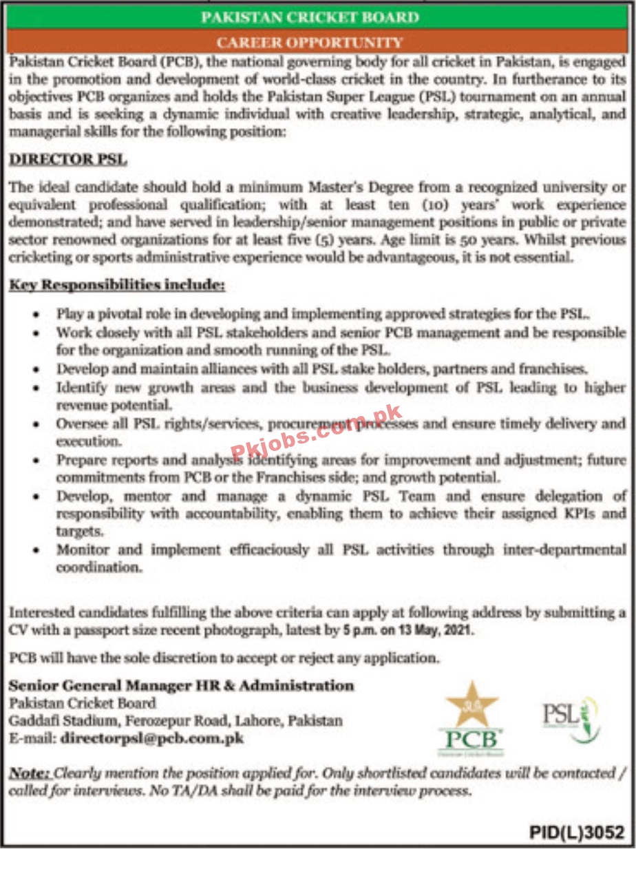 Pakistan Cricket Board (PCB) Latest Management PK Jobs 2021