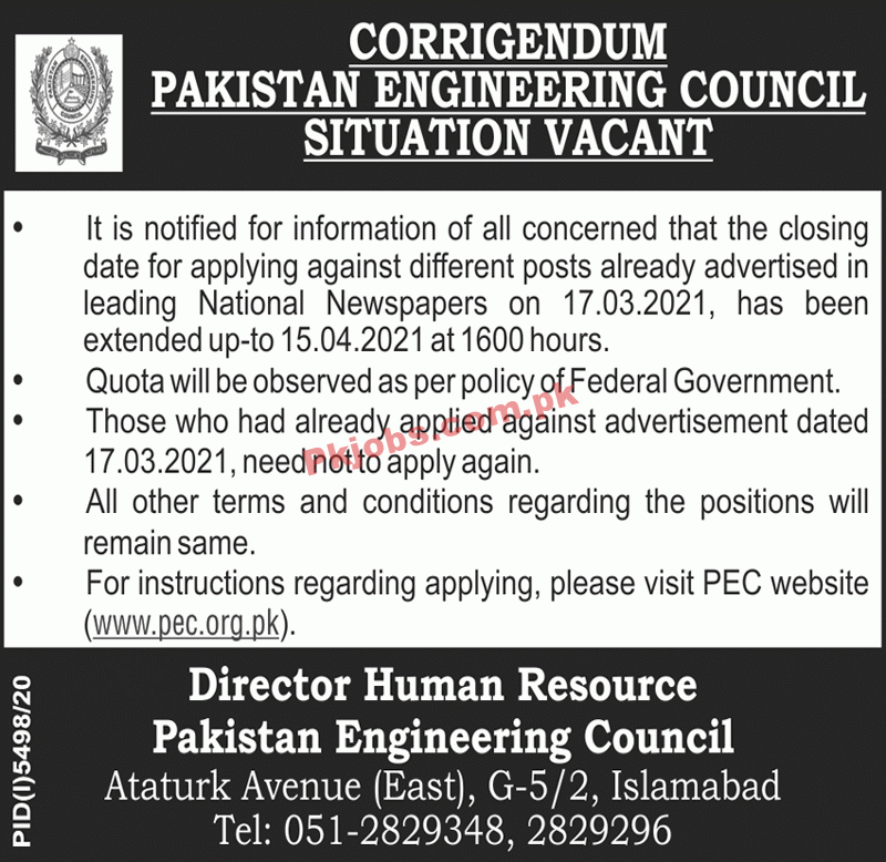 Pakistan Engineering Council (PEC) Management PK Jobs 2021