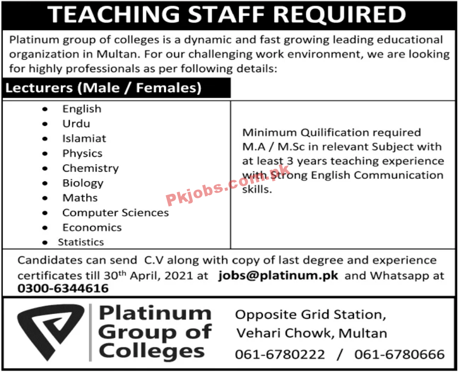 Platinum Group of Colleges Latest PK Jobs 2021