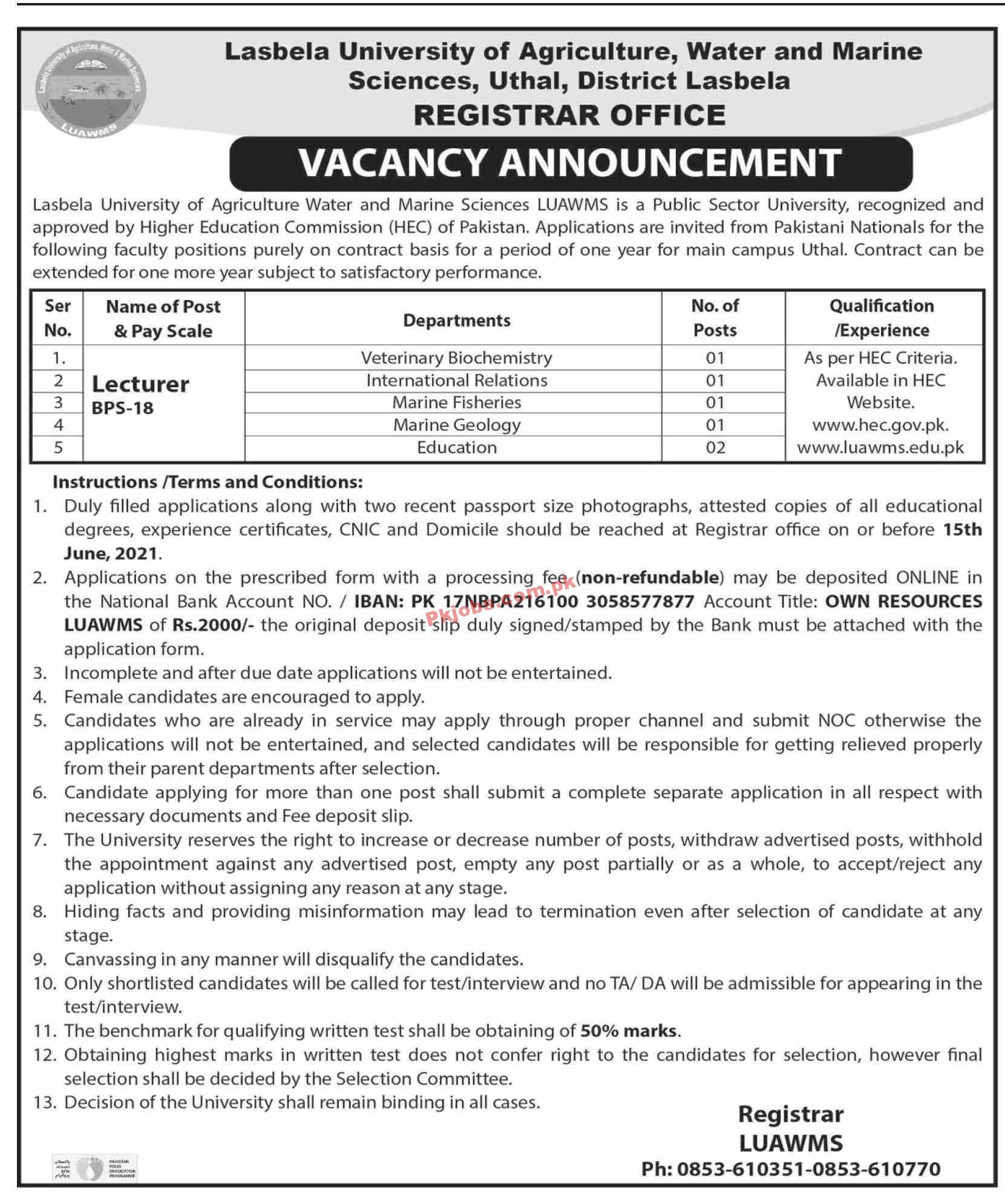 Jobs in Lasbela University of Agriculture Water and Marine Sciences