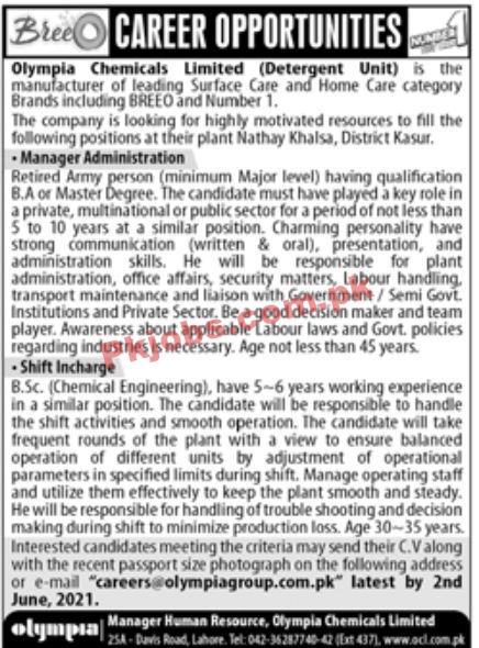 Jobs in Olympia Chemicals Limited