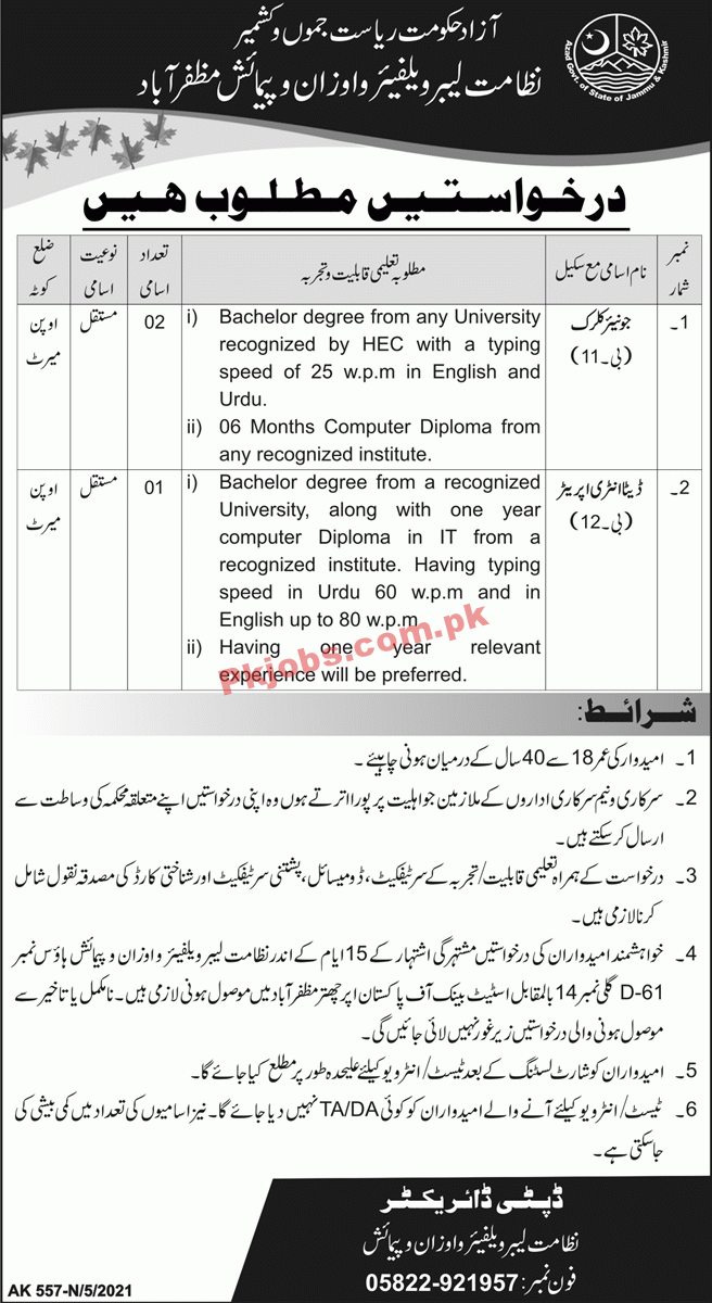 Directorate of Labour Welfare Department Management PK Jobs 2021