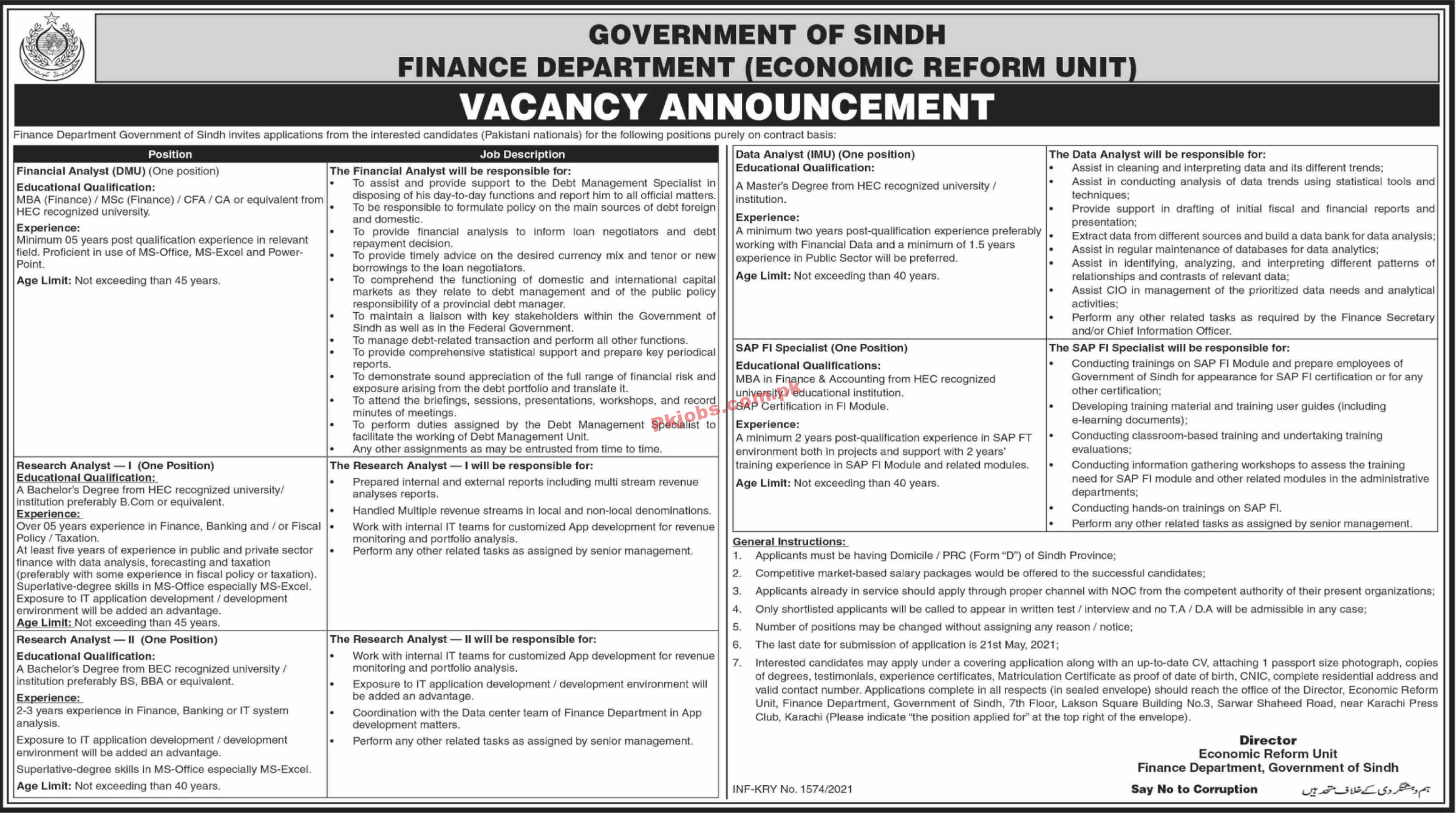 Finance Department Economic Reform Unit PK Jobs 2021