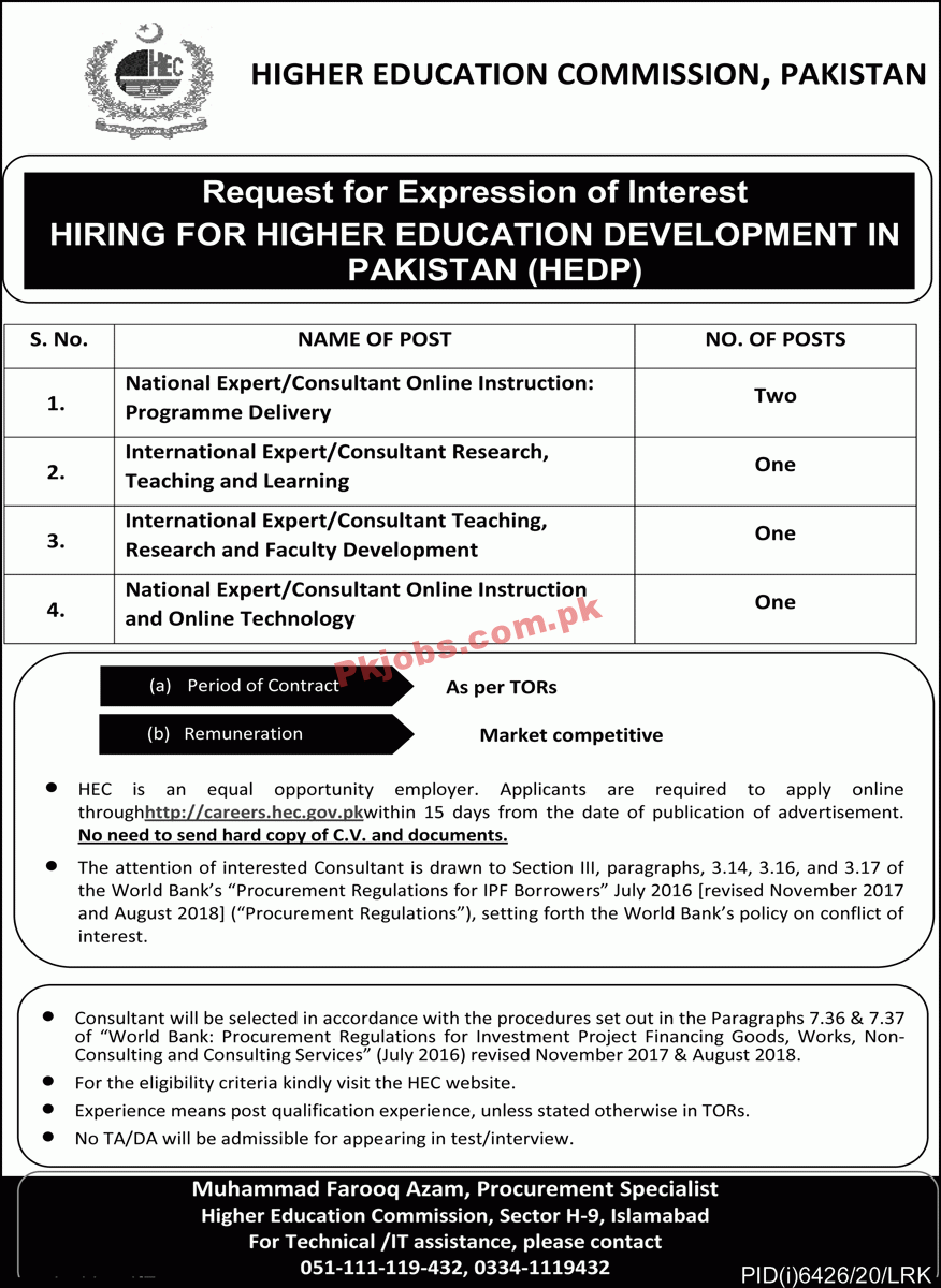 Higher Education Commission (HEC) Announced Management PK Jobs 2021