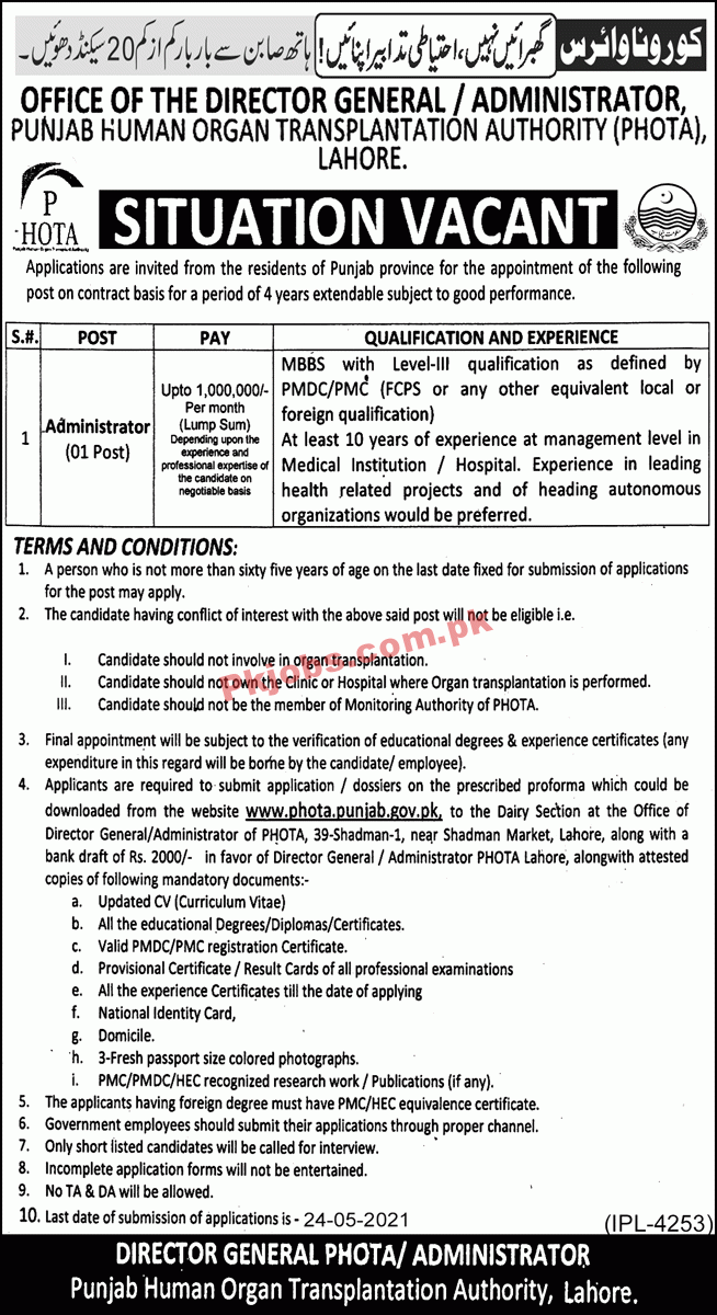 Human Organ Transplantation Authority PK Jobs 2021