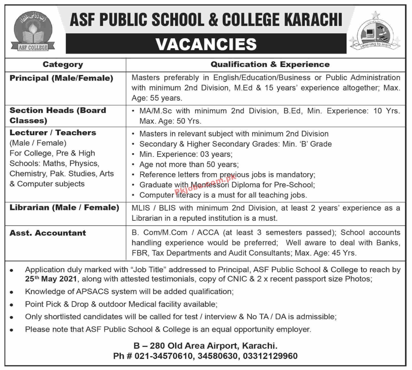 Jobs in ASF Public School & College Karachi