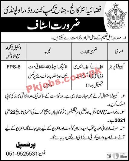 Jobs in Fazaia Inter College Rawalpindi