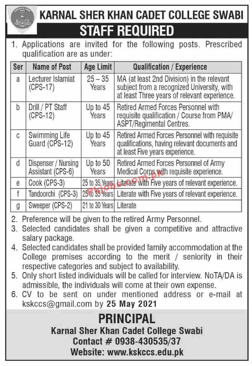 Jobs in Karnal Sher Khan Cadet College Swabi