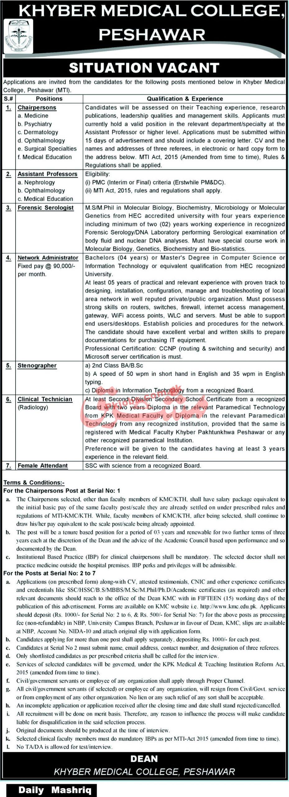 Jobs in Khyber Medical College Peshawar