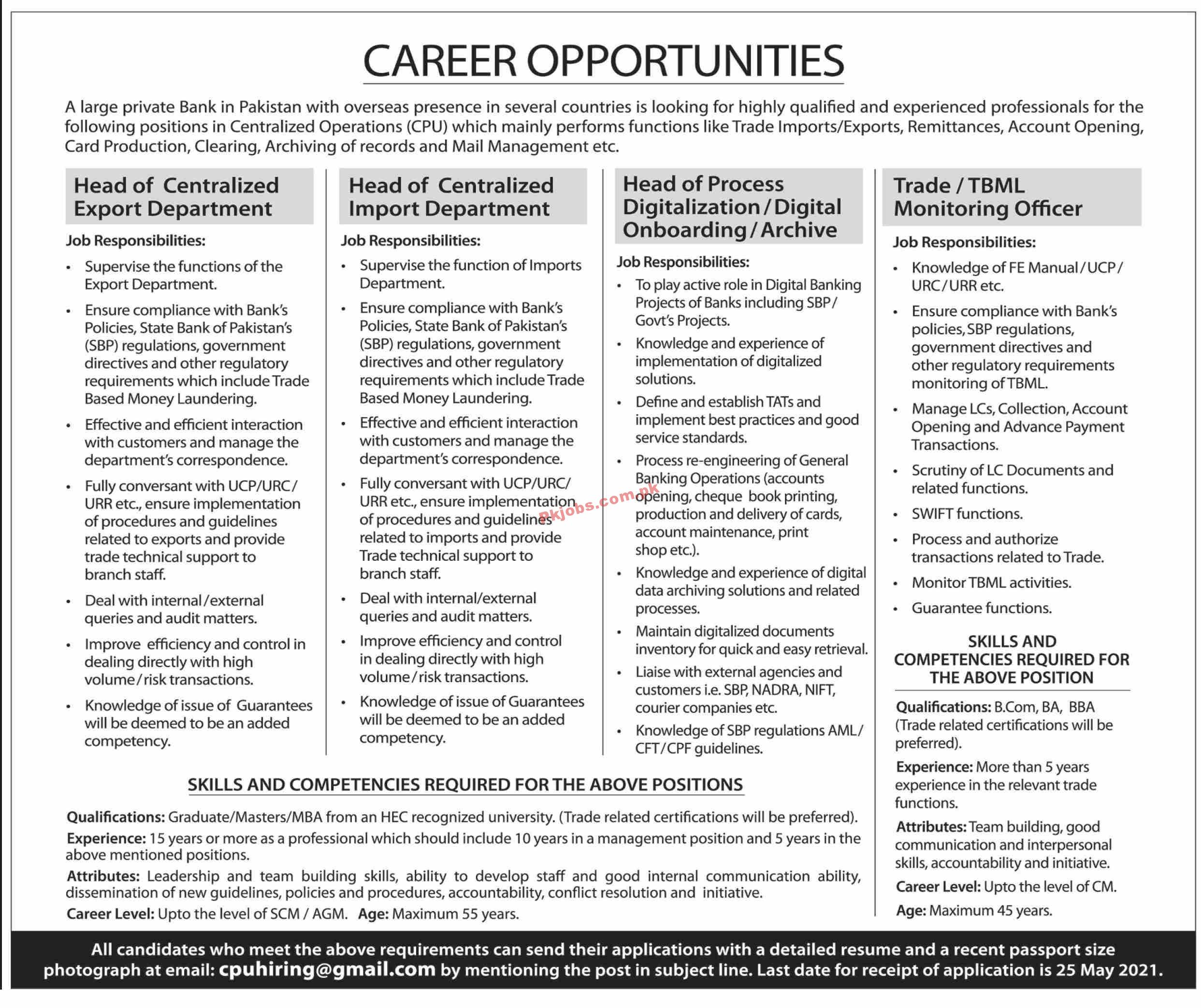 Jobs in Large Private Bank in Pakistan