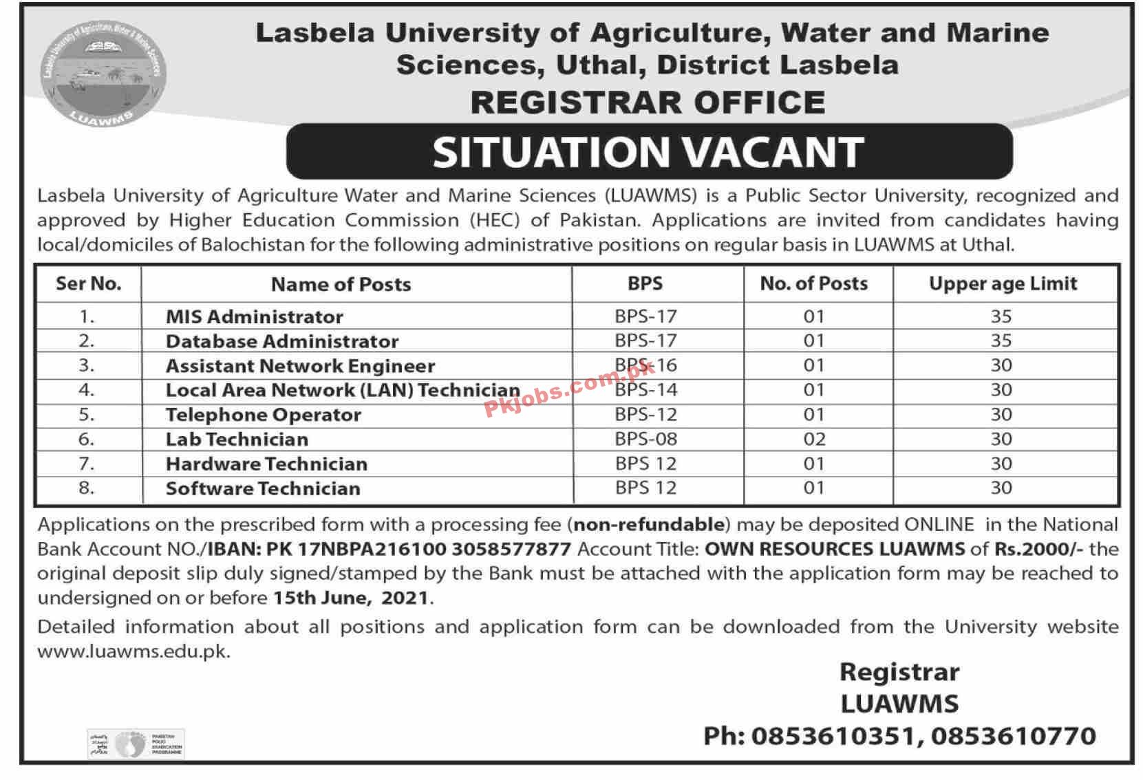 Jobs in Lasbela University of Agriculture Water and Marine Sciences LUAWMS