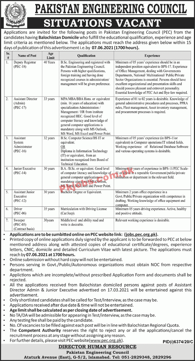 Jobs in Pakistan Engineering Council PEC