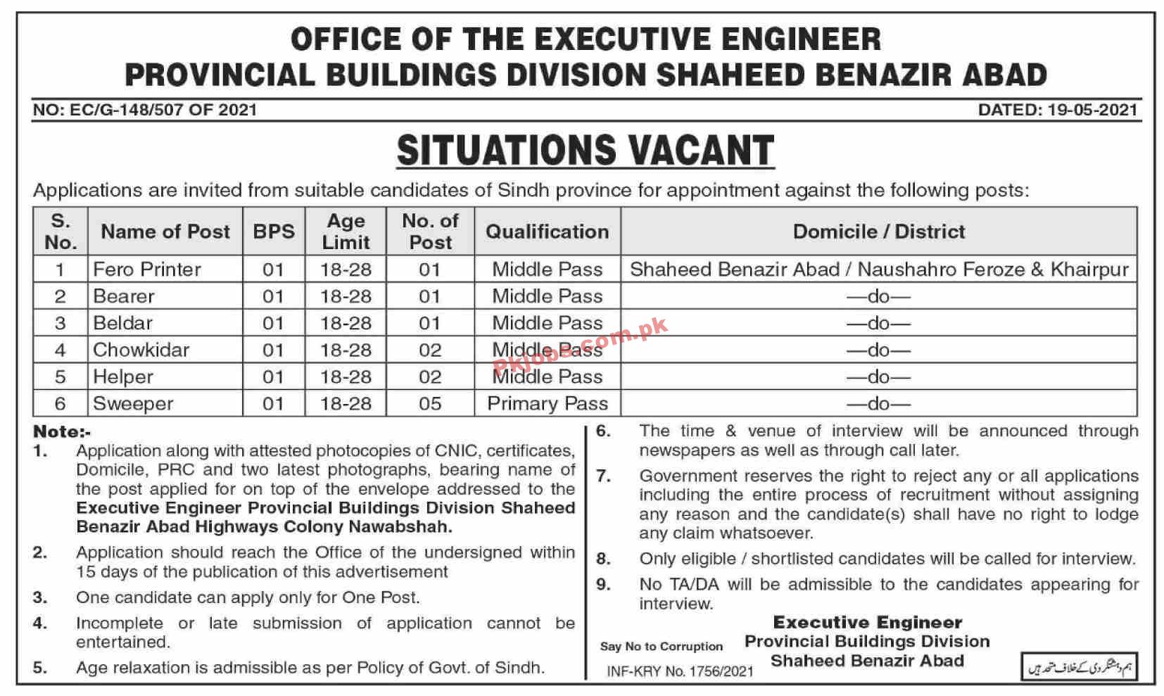 Jobs in Provincial Buildings Division Shaheed Benazir abad