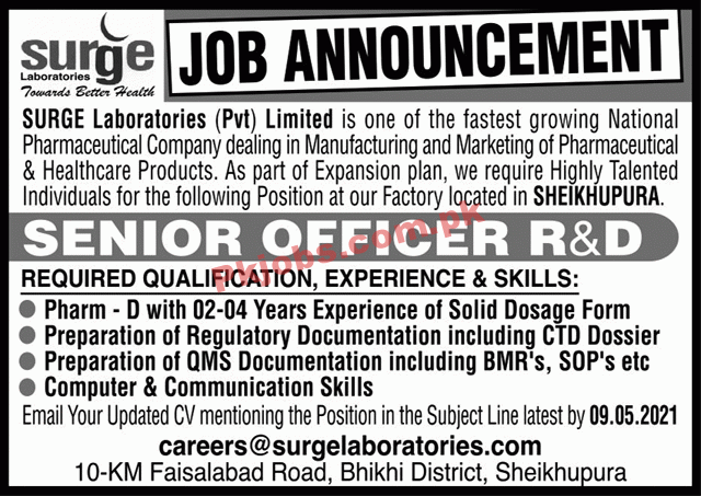 Jobs in SURGE Laboratories Pvt Limited