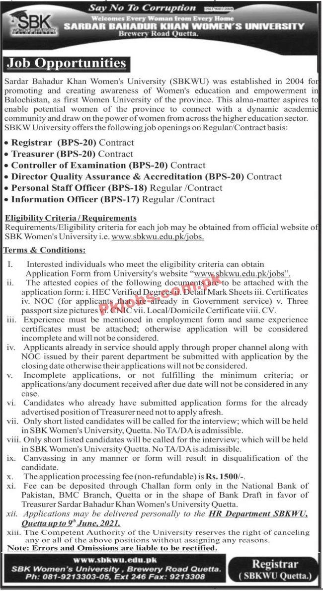 Jobs in Sardar Bahadur Khan Women’s University SBKWU