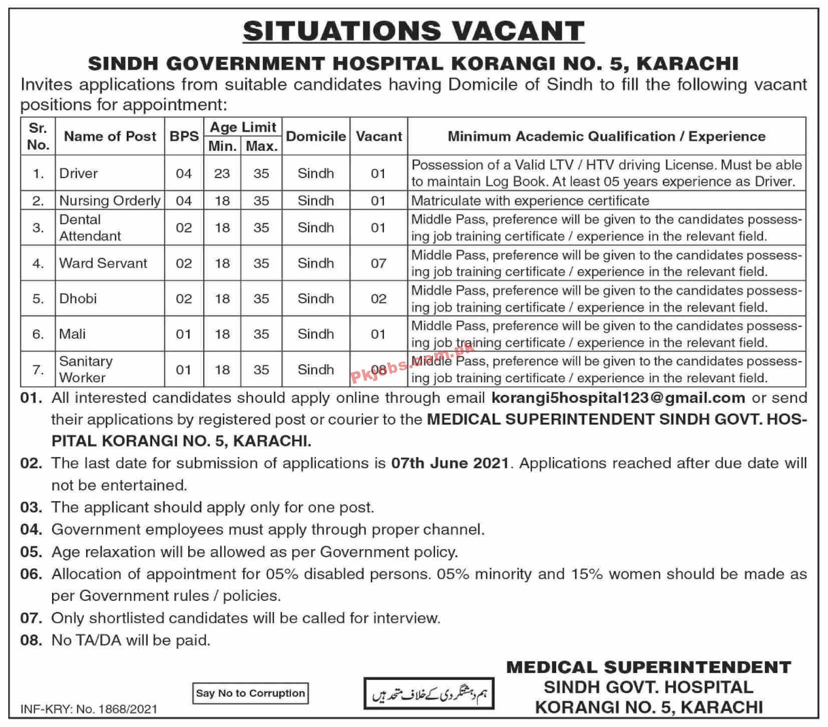 Jobs in Sindh Government Hospital Korangi