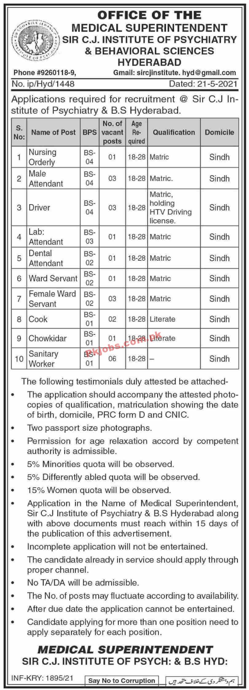 Jobs in Sir CJ Institute of Psychiatry & Behavioral Sciences Hyderabad