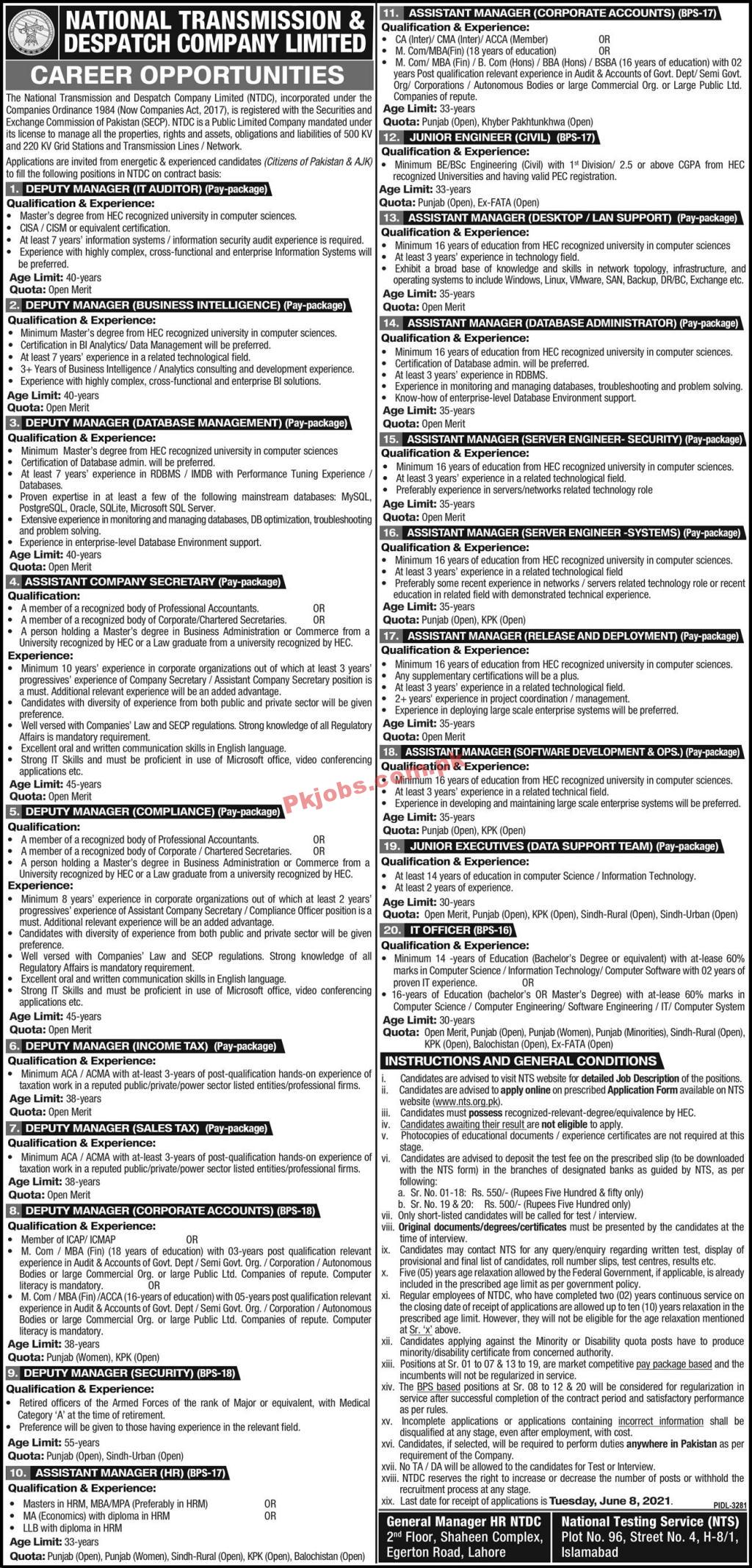 National Transmission & Despatch Company (NTDC) PK Jobs 2021