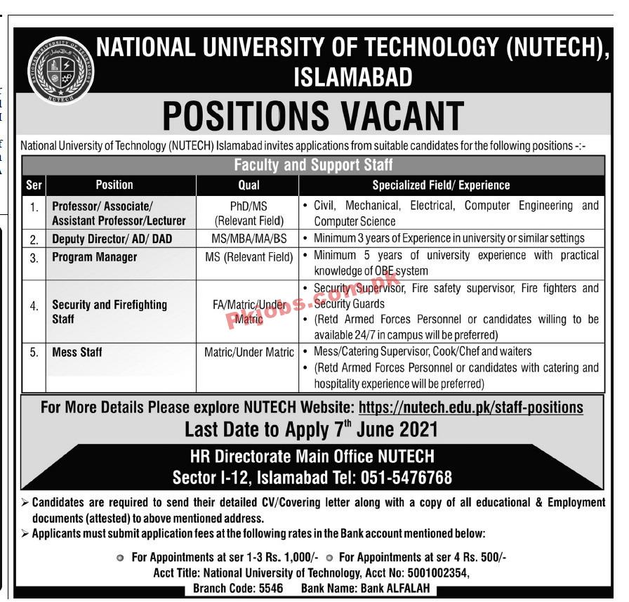 National University of Technology (NUTECH) Faculty & Management PK Jobs 2021