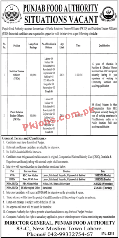 Punjab Food Authority Headquarters Management PK Jobs 2021